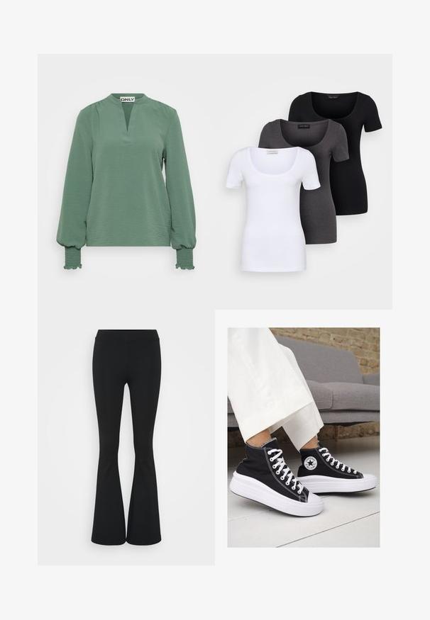 Dlouhý rukáv zelené blůzy s výstřihem do V, strukturovaná tkanina a na manžetách skládání s nariasením.; Tři přiléhavé trička v bílé, šedé a černé barvě. Každé má široký výstřih a krátké rukávy. Vyrobeno z hladké, pružné tkaniny.; Černé zvonové kalhoty vyrobené z elastického materiálu, s vysokým pasem a hladkou texturou. Kalhoty se rozšiřují od kolene.; Černé vysoké plátěné tenisky s bílými gumovými podrážkami a tkaničkami. Na boku mají kulaté logo a kontrastní bílé švy.