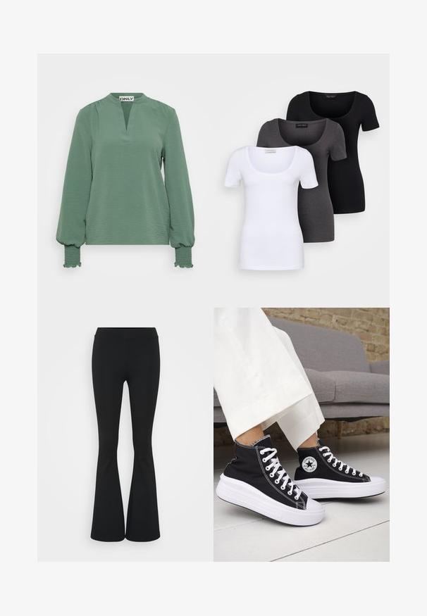 Žalia ilgomis rankovėmis palaidinė su išpjovimu ant kaklo, tekstūruota medžiaga ir surinktomis rankovėmis, puoštomis smukintais akcentais ant rankogalių.; Trys priderinti marškiniai: balti, pilki ir juodi. Kiekvienas turi plačią apvalią iškirptę ir trumpas rankoves. Pagaminti iš lygaus, tamprių audinio.; Juodai platėjantys kelnių, pagamintų iš tamprių medžiagų, kurie turi aukštą juosmenį ir lygią tekstūrą. Kelnės platėja nuo kelio.; Juodi aukštakulniai sportbačiai su baltais guminiu padu ir raišteliais. Ant jų yra apvalus logotipo lopas ir kontrastingos baltos siūlės. Pagaminti iš drobės medžiagos.