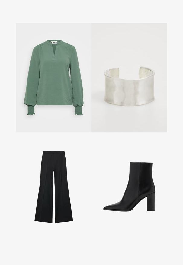 Langærmet grøn bluse med en skarp halsudskæring, struktureret stof og indsamlede ærmer med smocked-detaljer ved manchetterne.; Sorte brede bukser med en glat tekstur, der har fremadrettede folder og en skræddersyet design. Stofferne er lette og flerdimensionelle.; Sorte læder ankelstøvler med spidse tæer, firkantet hæl, glat tekstur og syningsdetaljer langs sømmene. Hælene måler cirka 9 cm.; Zign Armbånd - silver-coloured