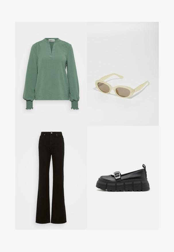 Bluză verde cu mânecă lungă, cu decolteu în formă de V, dintr-un material texturat, cu mâneci strânse și detalii smocate la mansete.; Jeans negre cu talie înaltă, evazați, din denim, cu închidere prin buton, buzunare laterale și o textură netedă.; Pantofi loafers negri, cu platformă, vârf rotunjit, din piele netedă, cu cataramă ajustabilă și talpă din cauciuc texturat, cu striuri orizontale.; Ochelari de soare ovali cu un cadru galben pal translucid și lentile maro. Acesta are o textură netedă și accente subtile de hardware pe laturi.