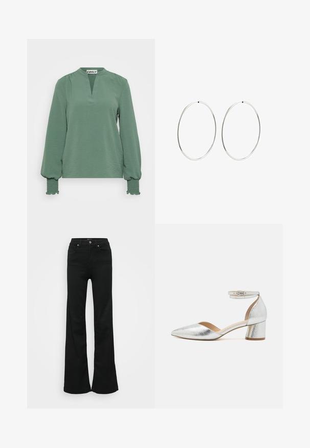 Zaļa blūze ar garām piedurknēm, izgriezums ar atlokiem, teksturēts audums un sakopotas piedurknes ar smockētiem akcentiem pie aprocēm.; Melnas flared džinsas, izgatavoti no denima, ar augstu jostasvietu, piecām kabatām un metāla pogu aizdari. Gluda tekstūra ar minimālu apdari.; Sudraba metāla, norādītas formas, zemas blokpapēžu kurpes ar potītes siksniņu un sprādzi uz balta fona.; Sudraba riņķa auskari ar gludu, apaļu dizainu un pulētu apdari. Tie ir plāni un viegli, ar vienkāršu aizdari.