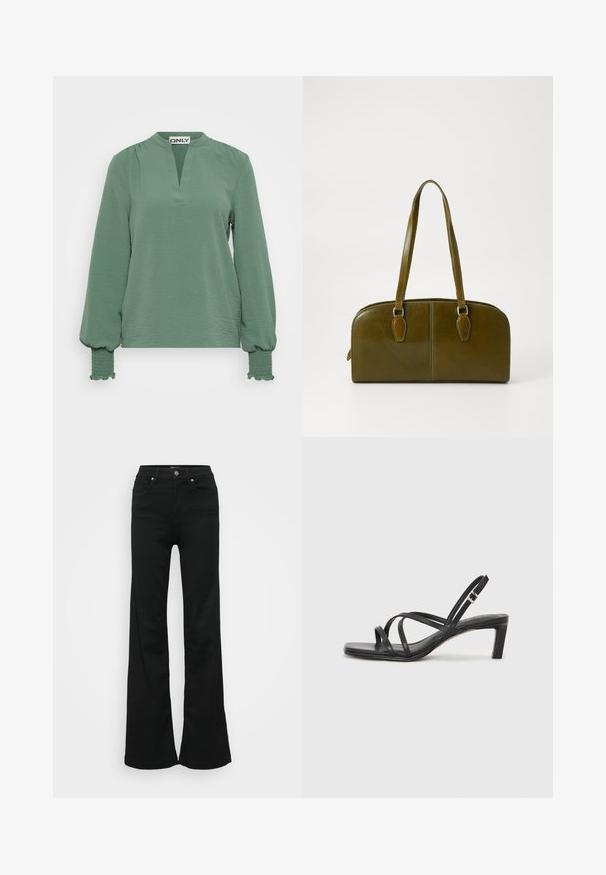 Long-sleeved green blouse with a notch neckline, textured fabric, and gathered sleeves featuring smocked accents at the cuffs.; Black flared jeans made from denim, featuring a high waist, five pockets, and metal button closure. Smooth texture with minimal detailing.; Black strappy sandal with a square toe and a low block heel. Features multiple thin straps and an adjustable ankle strap. Made of smooth leather.; Olive green leather handbag with a rounded shape, dual handles, and seamless front. Features a smooth texture and subtle stitching details.