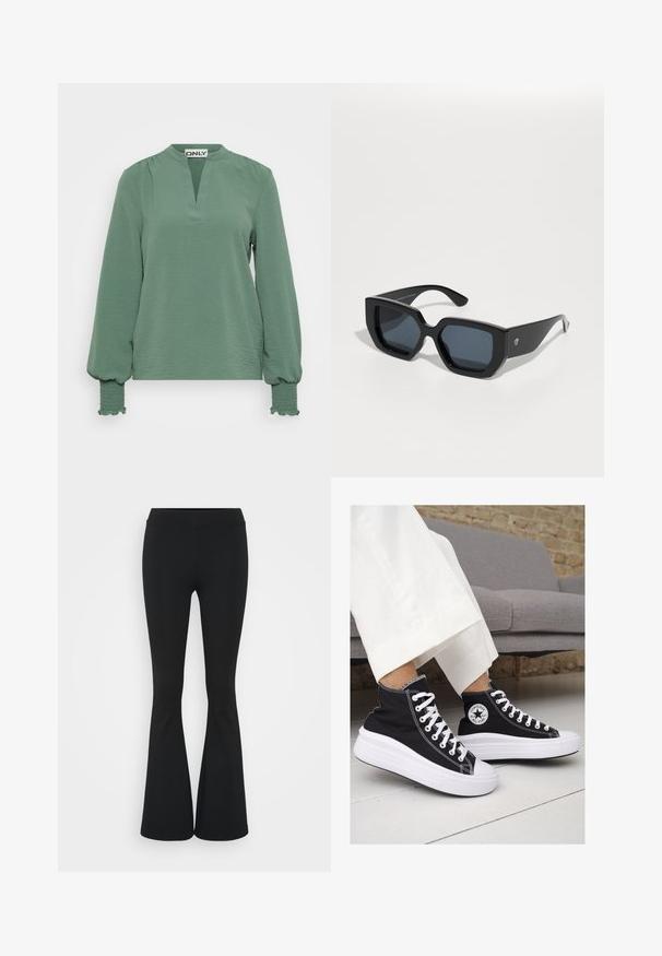 Zaļa blūze ar garām piedurknēm, izgriezums ar atlokiem, teksturēts audums un sakopotas piedurknes ar smockētiem akcentiem pie aprocēm.; Melnas izplešanās bikses, izgatavotas no elastīga auduma, ar augstu vidukli un gludu tekstūru. Bikses izvēršas no ceļa.; Melni kanvas augstpapēžu apavi ar baltām gumijas zolēm un auklām. Ievērojams aplis logotips sānos un kontrastējoša balta šuvums.; Melnas lielas saulesbrilles ar ģeometrisku dizainu, taisnstūrveida lēcas un spīdīgu apdari. Uz priekša nav redzama zīmola.