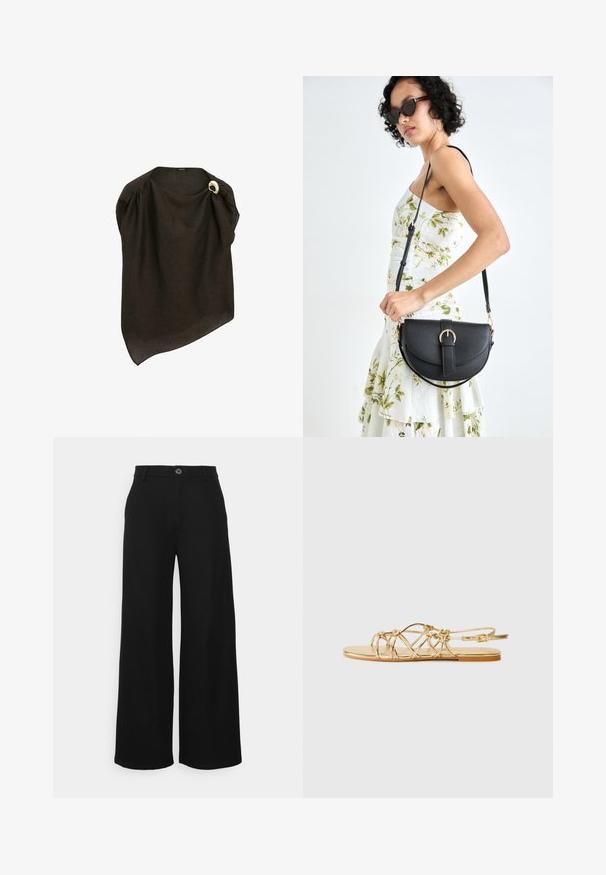 Poncho in lino marrone con design asimmetrico e drappeggio. Presenta una spilla di accentuazione circolare dorata sulla spalla. Tessuto leggero.; Even&Odd Petite Pantaloni - black; Sandalo piatto oro con cinturini, design intrecciato, cinturino alla caviglia regolabile, finitura metallica liscia e suola piatta semplice.; Borsa a tracolla nera in pelle con una forma curva, manico rimovibile e accessori dorati. La borsa presenta una patta con un dettaglio a fibbia.