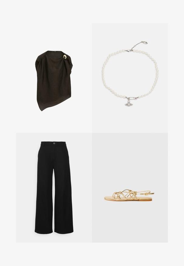 Brauner Leinen-Poncho mit asymmetrischem Design und Drapierung. Verfügt über eine goldene, runde Akzentnadel an der Schulter. Leichte Textur.; Even&Odd Petite Stoffhose - black; Goldene, sandalettenähnliche flache Sandalen mit geflochtenem Design, verstellbarem Knöchelriemen, glatter metallischer Oberfläche und einfacher flacher Sohle.; Perlenkette mit glänzenden weißen Perlen, versehen mit einem charm aus silberfarbener Sicherheitsnadel, der mit klaren Strasssteinen geschmückt ist. Verschluss mit Karabiner.