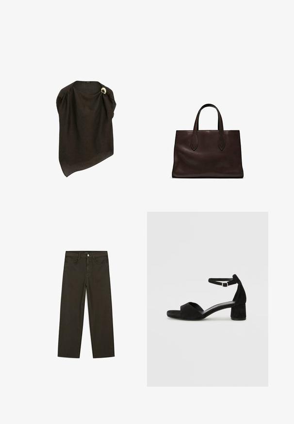 Brun lin poncho med asymmetrisk design och drapering. Har ett guldig cirkulär accentnål på axeln. Lätt vikt.; Mörkgröna vida jeans i bomullsblandning, med knäppning fram, fem fickor och klassisk denimstickning.; Svarta mockaskor med klack och en tunn ankelrem, öppen tå-design och en modest blockklack. Slät textur och minimala accenter.; Brun läder tote-väska med två avlånga handtag, strukturerad rektangulär form, slät textur och subtila sömdetaljer.