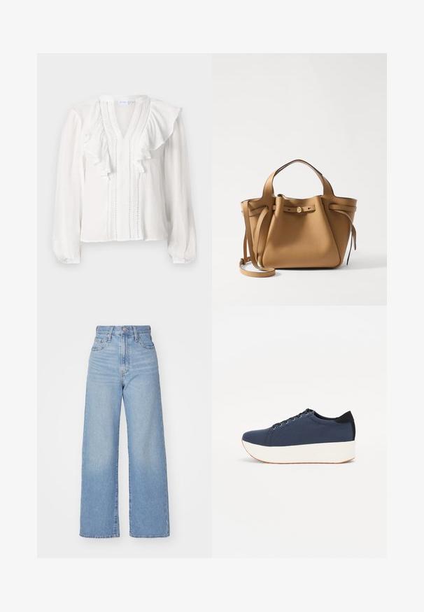 Blusa bianca con maniche lunghe, scollatura a V, design arricciato e cuciture verticali decorative lungo la parte anteriore. Realizzata in tessuto leggero.; Jeans a vita alta blu chiaro con gamba larga, chiusura frontale con bottone e zip, tasche anteriori e posteriori, su uno sfondo bianco.; Sneaker blu navy con tomaia in tessuto texturizzato, suola piatta bianca, punta arrotondata e accentuazione nera sul tallone. Presenta sei fori per i lacci.; Tory Burch ROMY PEBBLED SATCHEL - Borsa a mano - tiramisu