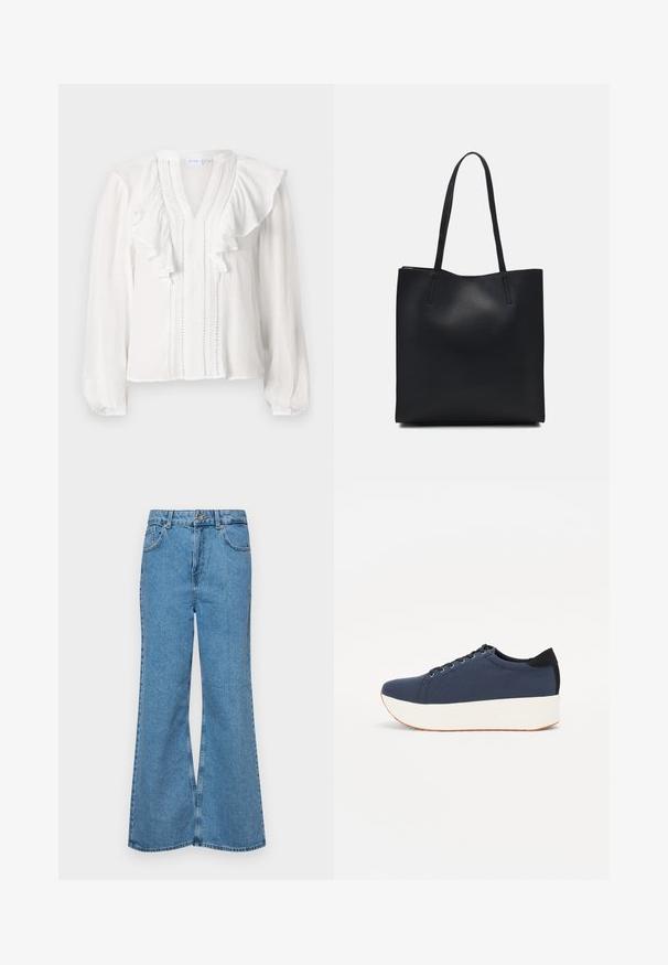 Bluză albă cu mâneci lungi, decolteu în V, design cu volane și cusături verticale decorative pe față. Fabricată dintr-un material ușor.; Jeanși evazați de culoare albastru deschis, din denim, cu talie înaltă, cinci buzunare și închidere cu un singur buton. Textură moale cu un finisaj decolorat.; Sneaker albastru închis, cu un material texturat pe partea superioară, talpă platformă albă, vârf rotunjit și accent de călcâi negru. Dispune de șase găuri pentru șireturi.; Geantă tote neagră din piele, cu textură netedă, formă rectangulară și două mânere lungi. Fără hardware vizibil sau ornamente.