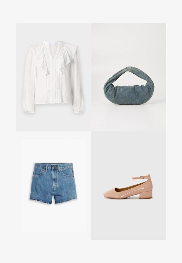 Blouse blanche à manches longues, décolleté en V, design volanté et couture verticale décorative sur le devant. Fabriquée en tissu léger.; Shorts en denim bleu clair, comportant cinq poches, un zip et un bouton de fermeture. L'ourlet est effiloché, avec une coupe décontractée.; Chaussure plate en cuir verni rose avec un bout arrondi, une bride à la cheville et un petit talon carré. Texture lisse et design minimaliste.; Sac en denim bleu avec une forme arrondie et rembourrée et une poignée courbée. La texture est douce, avec des coutures visibles et une finition lisse.
