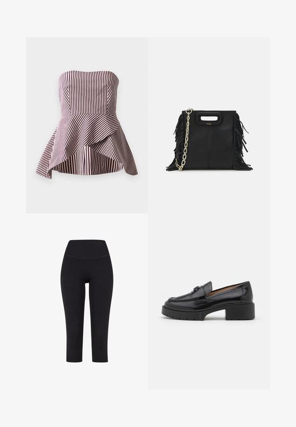 Strapless peplum top in donkerrood en crèmekleurige strepen, met een getailleerde top en een uitlopende, gelaagde zoom voor extra textuur.; Zwarte driekwart leggings van rekbare stof, met een hoge tailleband en zonder zichtbare patronen of hardware.; Zwarte leren instapper met een lage blokhak, ronde neus, decoratieve strap en een geprofileerde stikselafwerking op de bovenkant. Gladde afwerking.; Zwarte leren handtas met franjes, gouden schouderband van schakels en een uitsnijding in de handgreep. Heeft het logo prominent aan de voorkant.; Roségouden ketting met een zwaan hanger, versierd met heldere kristallen. De ketting heeft een verfijnd schakeldesign.