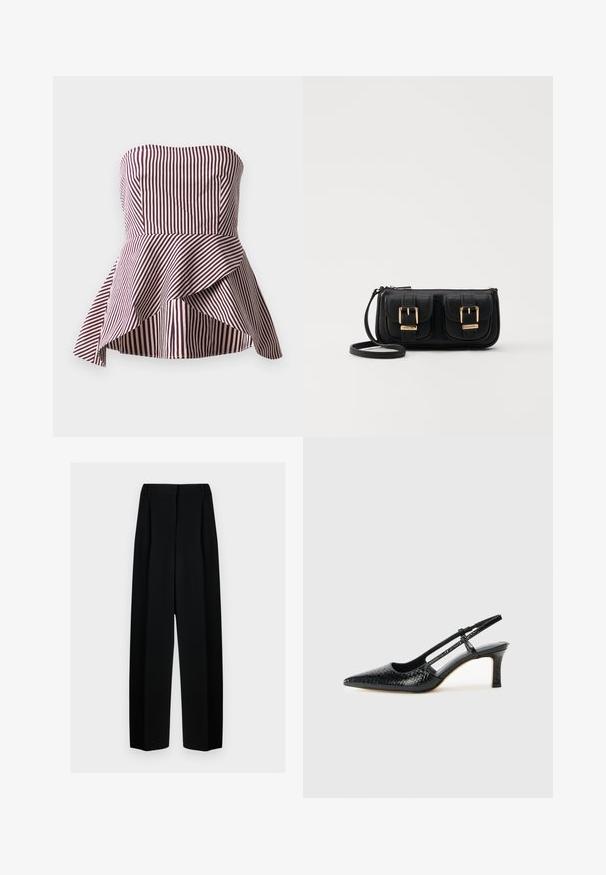 Yksivärinen peplum-toppi tummanpunaisilla ja vaaleanvärisillä raidoilla, jossa on istuva yläosa ja leveä, kerrostettu helma, joka tarjoaa lisärakennetta.; Mustat leveät housut korkealla vyötäröllä, joissa on laskokset ja sileä pinta. Kangas näyttää kevyeltä ja laskeutuu kauniisti.; Musta patent slingback-kiilakorko teräväkärkisellä muotoilulla, jossa on teksturoitu käärmeennahkakuosi, säädettävä remmi ja lyhyt, teksturoitu blokkiheel.; Musta nahkainen olkalaukku, jossa on kaksi etutaskua, kultaiset soljet, vetoketjukiinnitys ja kapea hihna. Teksturoidun pinnan ja kompaktin suorakaiteen muoto.