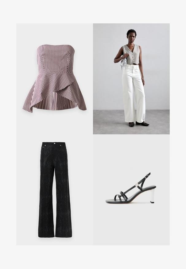 Trägerloses Peplum-Oberteil in dunklem Rot und cremefarbenen Streifen, mit einem taillierten Oberteil und einem ausgestellten, mehrlagigen Saum für zusätzlichen Textur.; Schwarze weit geschnittene Hose mit strukturiertem Obermaterial, das ein schimmerndes Muster aufweist. Abgeschlossen mit einem Standardbund und Metallknopf-Akzenten.; Schwarze High-Heelsandalen mit mehreren schmalen Riemen, im Slingback-Design und einem silbernen Akzent an der Ferse. Glattes Obermaterial und blockförmige Ferse.; Grauer, verkürzter Weste mit Knöpfen, kombiniert mit weißen, weit geschnittenen Jeans und schwarzen flachen Schuhen. Ergänzt durch eine kleine silberne Fransenhandtasche.