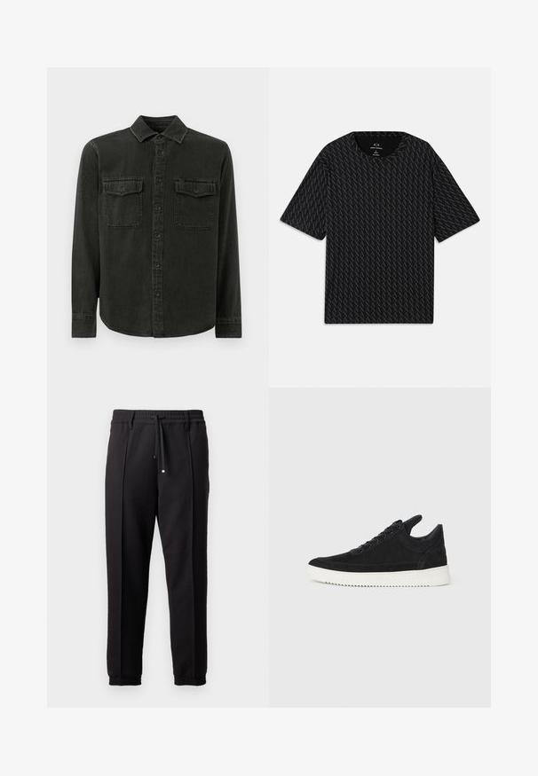 Mörkgrön skjorta med knappar, tillverkad av mjukt tyg, med en krage, två bröstfickor, långa ärmar och rak nederkant.; Svart T-shirt med ett strukturerat mönster av växlande 'A'-logotyper, korta ärmar och rundad halsringning. Tillverkad av lättviktsmaterial.; Svarta byxor med midjeresår, dragsnodd och elastiska muddar. Har veck och ett jämnt, texturerat tyg.; Svart mockaskor med en vit gummisula, som har ton-i-ton-sömmar och snörningsdesign. Slät textur med en modern, strömlinjeformad form.