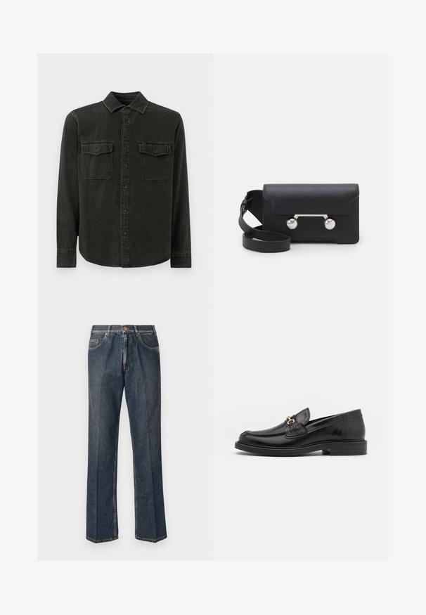 Cămașă închisă la culoare, de tip button-up, confecționată dintr-un material moale, având guler, două buzunare pe piept, mâneci lungi și un tiv drept.; Jeans din denim drept, de culoare albastră închisă, cu nasture frontal, fermoar, două buzunare frontale și cute verticale vizibile pe picioare.; Loaferi din piele neagră cu vârf rotunjit, dotati cu accente aurii și detalii de cusătură, așezați pe o talpă joasă din cauciuc texturat.; Geantă din piele neagră, tip crossbody, cu închidere prin clapetă, accesorii din metal de culoare argintie și două accente rotunde. Dispune de o curea detașabilă. Textură netedă.