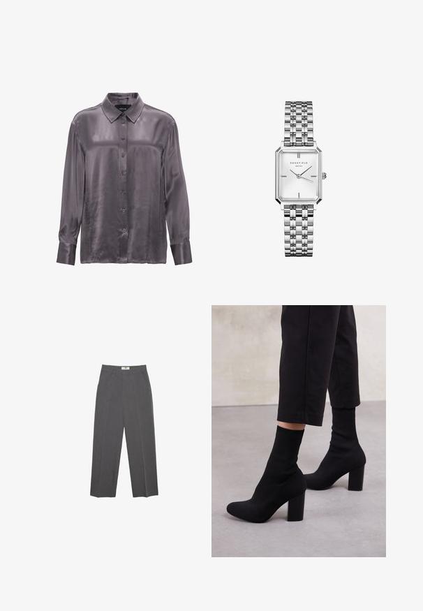 Long-sleeve shirt in a rich gray, made from smooth, lustrous fabric. Features a classic collar and button-down front, with cuffs at the sleeves.; Gray straight-leg trousers made from textured fabric, featuring a mid-rise waist, belt loops, and side pockets. No visible patterns or accents.; Black heeled ankle boots with a ribbed sock-like upper, smooth surface, rounded toe, and a block heel for stability.; Silver rectangular watch with a metallic link bracelet, textured white face, and minimalist hour markers. Brand name "ROSEFIELD" displayed.