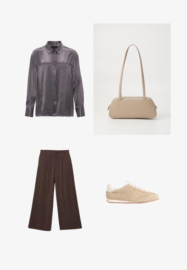 Langarmhemd in einem satten Grau, aus glattem, glänzendem Stoff gefertigt. Verfügt über einen klassischen Kragen und eine durchgehende Knopfleiste, mit Manschetten an den Ärmeln.; Weite Hose aus dunkelbraunem Stoff, mit zwei vorderen Falten, einer glatten Textur und einem schlichten Design mit Gürtelschlaufen.; Stradivarius Sneaker low - beige; Beige Lederhandtasche mit glatter Textur, rechteckiger Form, zwei Griffen und Hardware in Goldfarbe. Verfügt über einen Reißverschluss an einer Seite.