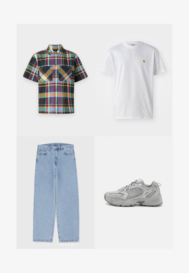 Īsām piedurknēm pārbaudīta krekls ar krāsu sajaukumu, tostarp purpursarkano, melno, dzelteno un teātra toni, ar divām krūšu kabatām un pogu aizdari.; Balta kokvilnas t-kreklu ar īsām piedurknēm, apaļu kakla izgriezumu, ar mazu zelta logotipu kreisajā krūšu pusē. Mīksta tekstūra un regulāra piegriezuma.; Gai zila džinsu bikses ar taisnu kāju dizainu, kas piedāvā vidēju vidukļa augstumu, piecas kabatas un pogas un rāvējslēdzēja aizdari.; Sudraba sporta apavi ar elegantu dizainu, acs paneļiem, mīkstu valvi, teksturētu sintētisku virsu un gumijas zoli labākai saķerei.