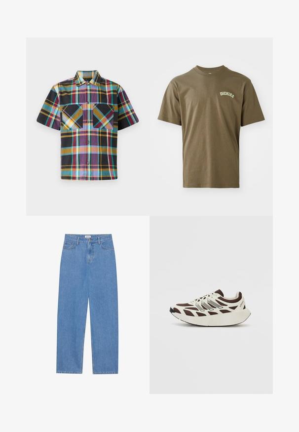 Camisa de cuadros de manga corta con una mezcla de colores que incluye púrpura, negro, amarillo y aguamarina, con dos bolsillos en el pecho y cierre de botones en la parte delantera.; Camiseta de algodón verde aceituna con mangas cortas, cuello redondo y un pequeño logotipo blanco de "Dickies" impreso en el lado izquierdo del pecho. Textura suave.; Jeans de mezclilla azul claro con corte recto, diseño de cinco bolsillos, cierre de un solo botón y detalles de costura sutiles en las costuras.; Zapatilla marrón y crema con parte superior de malla, superposiciones texturizadas y una suela blanca gruesa y redondeada. Presenta una lengüeta de perfil bajo y cordones.