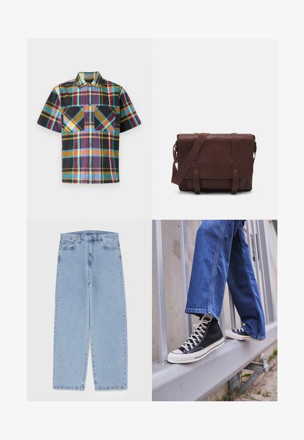 Camisa de cuadros de manga corta con una mezcla de colores que incluye púrpura, negro, amarillo y aguamarina, con dos bolsillos en el pecho y cierre de botones en la parte delantera.; Jean de mezclilla azul claro con diseño de pierna recta, con una cintura de altura media, cinco bolsillos y un cierre de botón y cremallera.; Zapatillas de deporte negras de caña alta con suela y cordones blancos, combinadas con unos vaqueros de denim azul holgados, apoyadas en una barandilla gris.; Bandolera de cuero marrón con una tapa frontal plana, dos correas, detalles en metal dorado y una correa para el hombro ajustable.