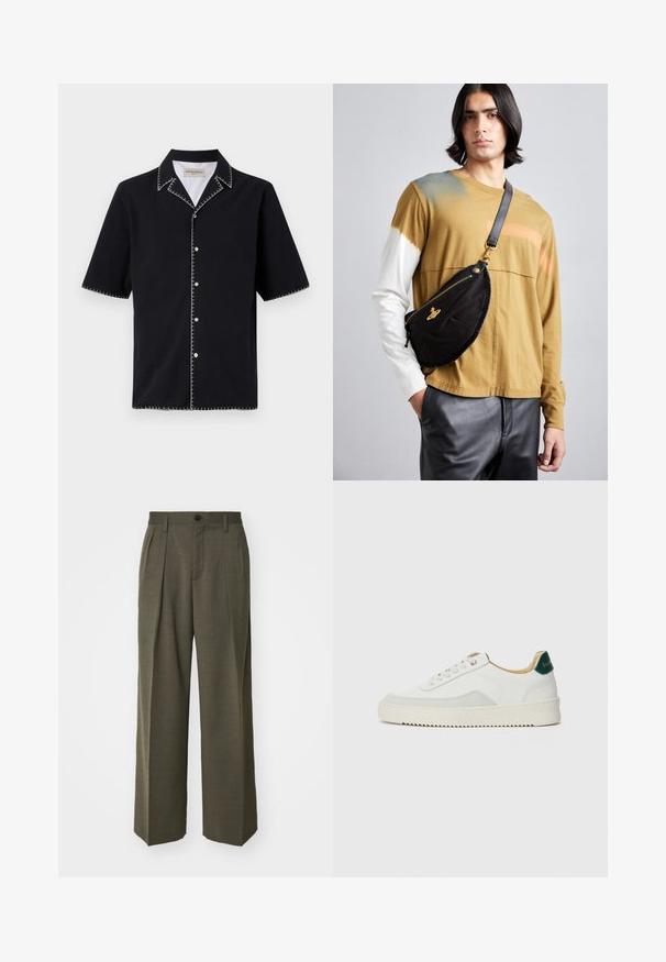 Zwarte korte mouw shirt met een kraag, met witte contrasterende stiksels langs de randen en knopen aan de voorkant. Geweven stof.; Grijze T-shirt met korte mouwen, gemaakt van zacht, textuurstof. Heeft een klassieke ronde hals en een rechte zoom, geschikt voor casual dragen.; Filippa K WIDE TROUSERS - Broek - driftwood; Witte sneaker met suède accenten, ronde neus, platte veters en een crème rubberen zool. Bevat groene branding op de hiel.; Vivienne Westwood CITY BUMBAG UNISEX - Heuptas - black