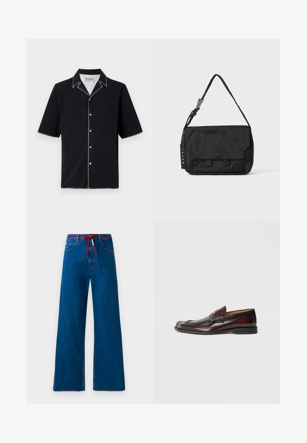 Cămașă neagră cu mâneci scurte și guler, având cusături albe contrastante pe margini și butoane pe toată lungimea frontală. Material texturat.; Blugi cu croială largă, din denim albastru, cu un șnur roșu la talie, având un design clasic cu cinci buzunare și margini desfăcute.; Mocasini pentru bărbați din piele burgundă închisă, cu bandă tip penny și cusături decorative, talpă plată neagră, prezentate în profil lateral.; Geantă de umăr din nailon negru, cu o formă plată, având un capac de închidere, două butoane circulare și o curea împletită. Eticheta brandului este vizibilă.
