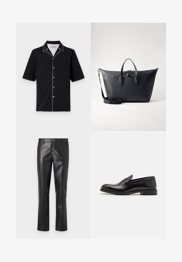 Maglietta nera a maniche corte con colletto, caratterizzata da cuciture a contrasto bianche lungo i bordi e bottoni nella parte frontale. Tessuto testurizzato.; Pantaloni in pelle nera con una texture liscia, design a gamba dritta e cuciture sottili lungo le cuciture. Presentano una chiusura con bottone in vita.; Mocassini neri in pelle con una texture liscia, punta arrotondata e una striscia decorativa sulla tomaia. Tacco basso impilato, design minimalista.; Lancel CHARLIE UNISEX - Ventiquattrore - black