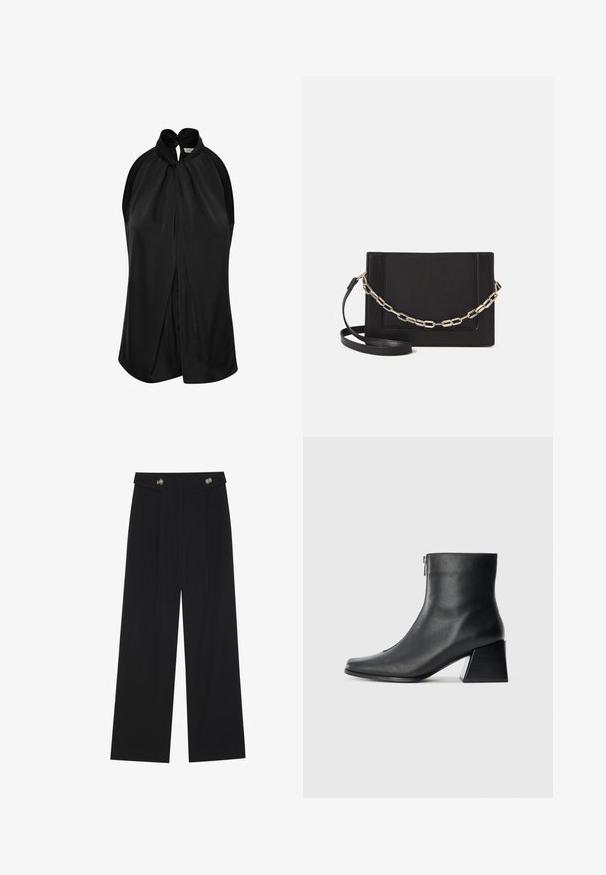 Juodas berankovis viršus su kaklo juostele ir mazgu, minkšta medžiaga ir laisvai krentantis dizainas, kuris laisvai juda nuo pečių.; Juodi plačios kojos kelnės su aukštu liemeniu, sagų detalėmis ant liemens ir priekinėmis raukšlėmis.; Juodas odinis kulkšninis botas su kvadratiniu pirštu, šoniniu užtrauktuku ir blokuotu kulnu, prieš lengvą paprastą foną.; Juodas odinis per petį nešiojamas krepšys turi lygų paviršių, stačiakampio formą ir metalinę grandinėlę priekyje. Pridedama reguliuojama dirželis.