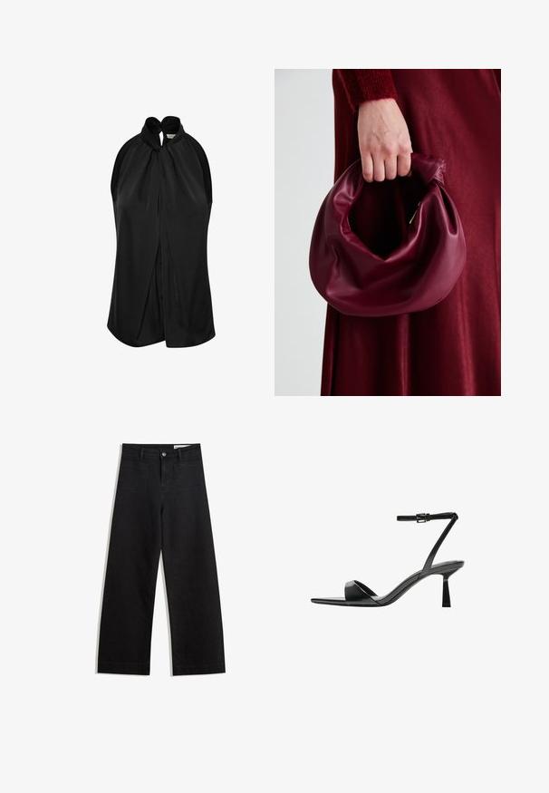 Čierny top bez rukávov s halter výstrihom a uzlovým detailom, vyrobený z jemnej látky, s voľnou drapovanou konštrukciou, ktorá voľne splýva z ramien.; Čierne denimové nohavice s širokými nohavicami a vysokým pásom, so prednými a zadnými vreckami, šitými švami a zapínaním na gombík. Hladká textúra.; Bershka Sandále na vysokom opätku - black; Burgundská kožená kabelka s mäkkým, zhromaždeným dizajnom a zaobleným tvarom. Rukoväť je pevne zaisťujúca a vystavuje hladkú textúru.