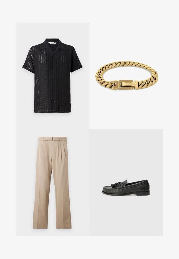 Juodas trumpas rankovėmis marškinėliai su tinklinio dizainu, turintys mygtukų priekiu ir klasikinį žmonos apykaklę. Lengvas audinys su vertikaliais išpjovimais.; Šviesiai rudos, plačios kojų kelnės, pagamintos iš lygaus medvilnės mišinio, turinčios priekinę raukšlę, siuvinėtą juosmenį ir metalinę sagtį.; Juodos odinės mokasinos su apvaliu nosiu, dekoratyvinėmis kutais ir siuvinėtu dizainu. Plokščias padas su subtilia ženklinimo detale šone.; Auksinės spalvos apyrankė su tarpusavyje susijungusiais elementais, turinti užsegimą su "HILFIGER" logotipu ir raudono bei mėlyno akcento. Lygi, poliruota apdaila.