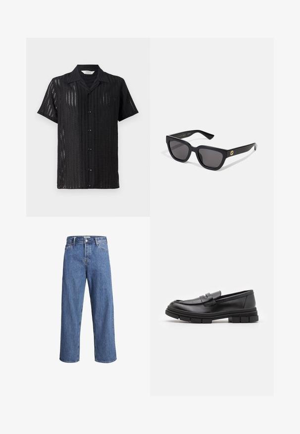 Cămașă neagră cu mânecă scurtă, cu un design din plasă, având închidere cu butoane în față și guler clasic. Material ușor cu decupaje verticale.; Jeanși din denim de un albastru deschis, cu un design drept, talie înaltă și detalii de cusătură minime. Materialul are o textură moale, ușor decolorată.; Loaferi din piele neagră cu un finisaj neted, având un detaliu cu bretea frontală și o talpă din cauciuc masivă cu accente striate.; Ochelari de soare dreptunghiulari, negri, cu un finisaj lucios, lentile întunecate și detalii aurii pe tâmplă cu logo-ul.