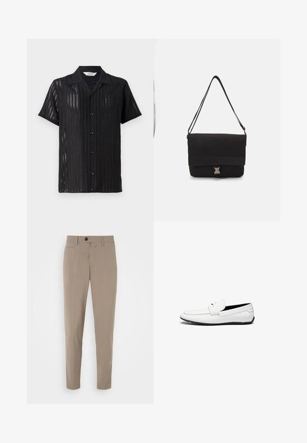 Black short-sleeve shirt with a mesh design, featuring a button front and a classic collar. Lightweight fabric with vertical cutouts.; Beige tailored trousers with a slim fit, zip fly, and a front pocket. Made from a smooth fabric with a crisp appearance.; White leather loafers with a smooth finish, featuring a stitched accent, a rounded toe, and a black rubber sole for grip.; Black messenger bag made of smooth material, featuring a fold-over flap, silver clasp hardware, and an adjustable shoulder strap.