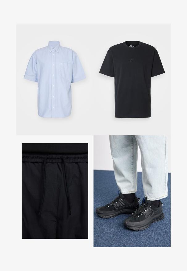 Gaiši zils īsām piedurknēm krekliņš ar pogām, izgatavots no kokvilnas auduma. Tam ir apkakles kakls un priekšējā kabata. Vienkāršs, vienkrāsains dizains.; Nike melns kokvilnas T-krekls ar klasisku piegriezumu, īsām piedurknēm un smalku, reljefu logotipu uz krūškurvja. Gluda tekstūra.; Melni šorti ar sašūtu jostu, viegls audums ar gludu tekstūru un vienkāršs dizains bez redzamiem logotipiem vai paraugiem.; Melni sporta apavi ar strukturētu audumu un gumijas zoli, ar elastīgām auklām un zilu akcentu uz papēža. Nēsāti ar gaišām džinsu biksēm.