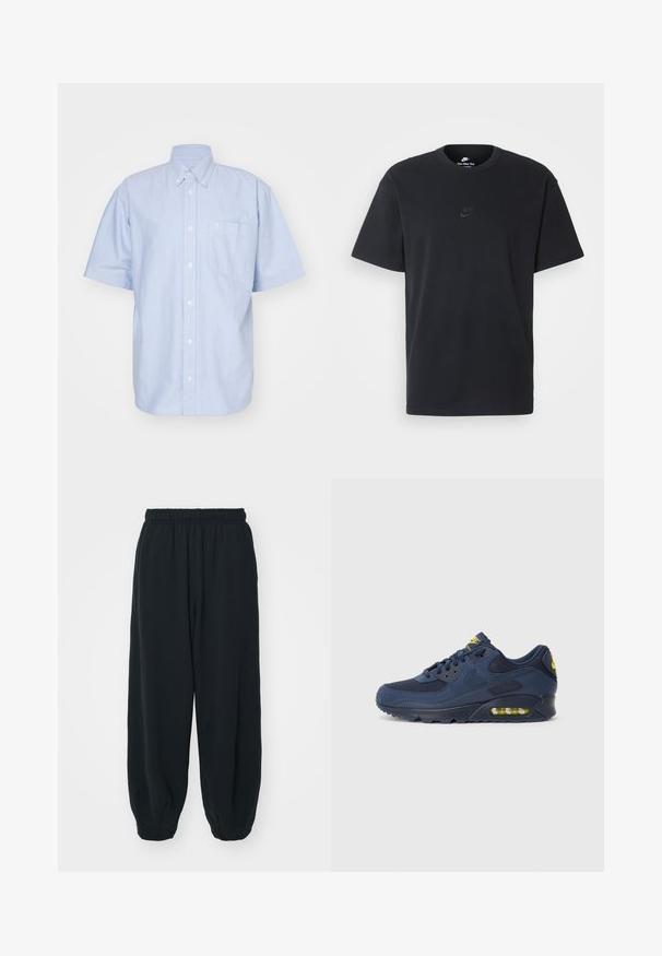 Camicia azzurra a maniche corte con bottoni in tessuto di cotone. Presenta un colletto e una tasca frontale. Design semplice e monocolore.; T-shirt in cotone nero della Nike con collo rotondo classico, maniche corte e un logo in rilievo discreto sul petto. Texture liscia.; Pantaloni da jogging neri con vita elasticizzata, dalla vestibilità morbida, caviglie a costina, texture liscia e senza motivi visibili o dettagli in metallo.; Sneakers Nike Air Max blu navy con parte superiore in suede e mesh, dotati di dettagli gialli, chiusura con lacci e ammortizzazione visibile nella suola.