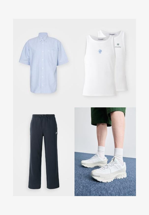 Lyseblå kortærmet skjorte med knapper i bomuldsstof. Har en krave og en brystlomme. Enkel, ensfarvet design.; To hvide tanktops med ribbet tekstur, prydet med broderede logoer i blå og grøn. Den ene har et soldesign, mens den anden har et palmetræ.; Mørkeblå sweatpants med elastisk talje og snoretræk. Lavet af blødt stof og med et lille hvidt logo på venstre hofte.; Hvide atletiske sko med teksturerede overlays, en chunky sål og grå accenter. Båret med hvide ankelstrømper og grønne shorts på en blå overflade.