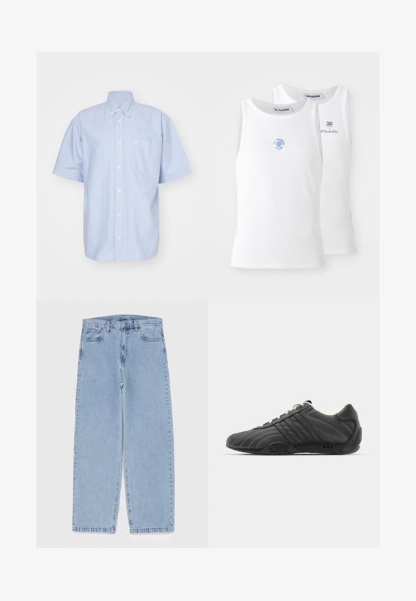 Light blue short-sleeve button-up shirt in cotton fabric. Features a collared neck and a front pocket. Simple, solid color design.; Two white tank tops, ribbed texture, featuring blue and green embroidered logos. One has a sun design, the other a palm tree.; Light blue denim jeans with straight leg design, featuring a mid-rise waist, five pockets, and a button and zipper closure.; adidas Originals ADIRACER UNISEX - Trainers - core black/cream white