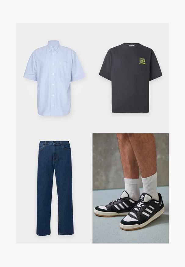 Šviesiai mėlyna trumpomis rankovėmis marškinėliai, pagaminti iš medvilnės. Su apykakle ir priekinėmis kišenėmis. Paprastas, vienspalvis dizainas.; Anglies pilkos spalvos Adidas marškinėliai trumpomis rankovėmis su mažu neoninės žalios spalvos grafikų, vaizduojančiu garsiakalbius, saulę ir Adidas logotipą, kairėje krūtinės pusėje.; Tamsiai mėlynos tiesaus žandikaulio džinsai su priekinėmis kišenėmis ir mygtuko uždarymu, rodantys ant paprasto balto fono.; Juodos ir baltos sportinės bateliai su zomšiniu ir odiniu viršumi, su trimis baltomis juostelėmis, perforuota koja ir guminėmis padais.