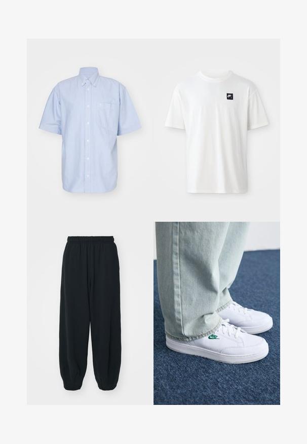 Camicia azzurra a maniche corte con bottoni in tessuto di cotone. Presenta un colletto e una tasca frontale. Design semplice e monocolore.; T-shirt bianco in cotone con maniche corte e collo rotondo; presenta un piccolo logo rettangolare nero di Nike Air sul lato sinistro del petto.; Pantaloni da jogging neri con vita elasticizzata, dalla vestibilità morbida, caviglie a costina, texture liscia e senza motivi visibili o dettagli in metallo.; Sneakers in pelle bianca con logo Nike verde, punta rotonda, suola piatta, abbinati a pantaloni in denim azzurro, mostrati su un tappeto blu.