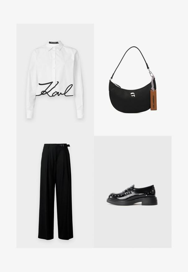 Camisa cropped branca feita de algodão com mangas longas, apresentando a assinatura bordada a preto "Karl" na parte da frente. Gola clássica e fecho com botões.; Calças largas pretas de cintura alta, com pregas à frente e um cinto com fivela. Feitas de um tecido liso e leve.; Mocassins pretos de couro envernizado com tachas decorativas prateadas, bico redondo, salto baixo e textura suave e brilhante.; Bolsa de mão em couro preto com textura granulada, formato curvado, fecho superior com zipper, acessórios em prata e uma etiqueta castanha. Apresenta um destaque do logotipo.