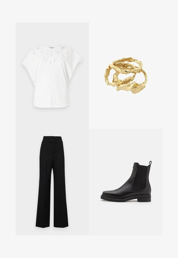Biała koszulka z okrągłym dekoltem, z warstwowym haftem w kwiaty na piersi, krótkimi rękawami i luźnym krojem.; Czarne szerokie spodnie z wysokim stanem, o gładkiej fakturze, bez widocznych elementów metalowych czy ozdób.; Czarne skórzane botki za kostkę z elastycznymi panelami bocznymi, niskim słupkowym obcasem i pętelką z tyłu. Gładka tekstura i elegancki design.; Złociste, skręcone pierścionki nałożone na siebie, o teksturowanym wzorze z gładkimi i zaokrąglonymi krawędziami, tworzącymi organiczny, płynący wygląd.