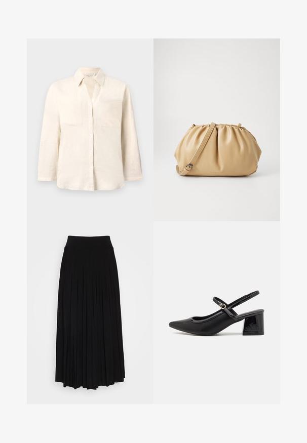 Chemise en lin beige clair avec un col, patte de boutonnage à cinq boutons et deux poches avant. Dotée de manches longues et d'une coupe décontractée.; Jupe plissée noire avec une taille haute et extensible. Fabriquée en tissu doux, elle présente des plis verticaux pour une silhouette fluide.; Escarpins slingback en cuir verni noir avec un embout pointu, un design à découpes arrondies et un talon carré. Présente un accent de boucle en ton doré.; Sac à main en cuir tan avec un design plissé, une sangle ajustable et une forme arrondie. Branding minimaliste sur la surface avant.