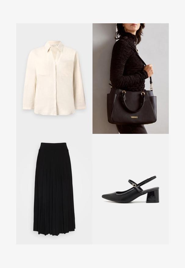 Chemise en lin beige clair avec un col, patte de boutonnage à cinq boutons et deux poches avant. Dotée de manches longues et d'une coupe décontractée.; Jupe plissée noire avec une taille haute et extensible. Fabriquée en tissu doux, elle présente des plis verticaux pour une silhouette fluide.; Escarpins slingback en cuir verni noir avec un embout pointu, un design à découpes arrondies et un talon carré. Présente un accent de boucle en ton doré.; Sac à main noir avec surface texturée, deux poignées supérieures et bandoulière réglable. Doté de quincaillerie dorée et de poches latérales.