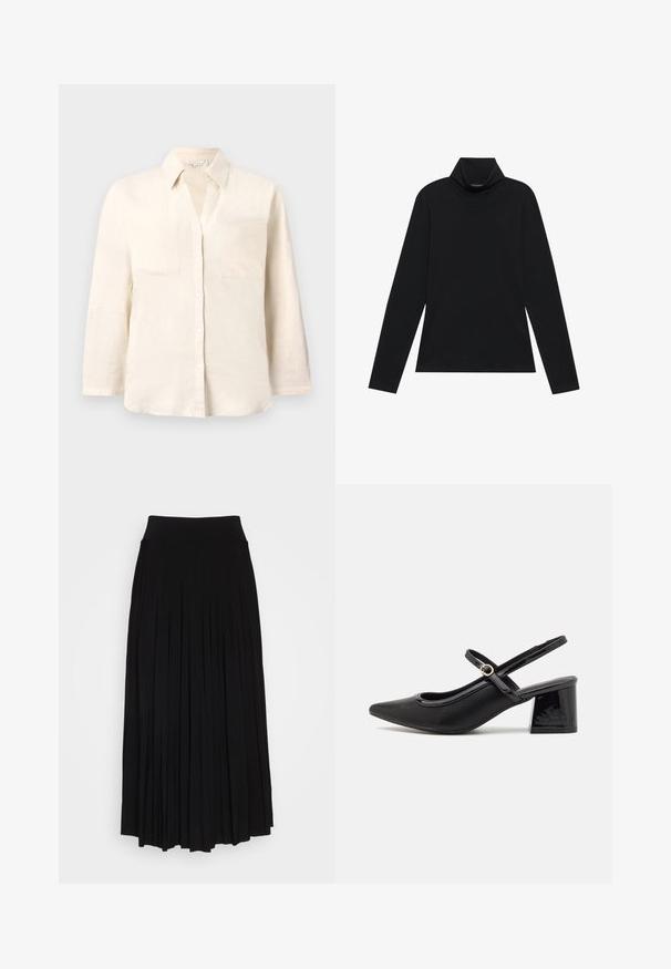 Hellbeige Leinenhemd mit Kragen, fünf Knöpfen und zwei Fronttaschen. Es hat lange Ärmel und eine lockere Passform.; Schwarzes langärmeliges Rollkragenshirt. Weicher Stoff, enganliegendes Design, hoher Kragen und seitliche Nähte. Schlichter und vielseitiger Stil, der sich gut für das Layering eignet.; Schwarzer plissierter Rock mit breitem, dehnbarem Bund. Gefertigt aus weichem Stoff, mit vertikalen Falten für eine fließende Silhouette.; Schwarze Lackleder-Slingback-Absätze mit spitzer Zehenform, einem runden Ausschnitt-Design und einem Blockabsatz. Mit einem goldfarbenen Schnallenakzent.