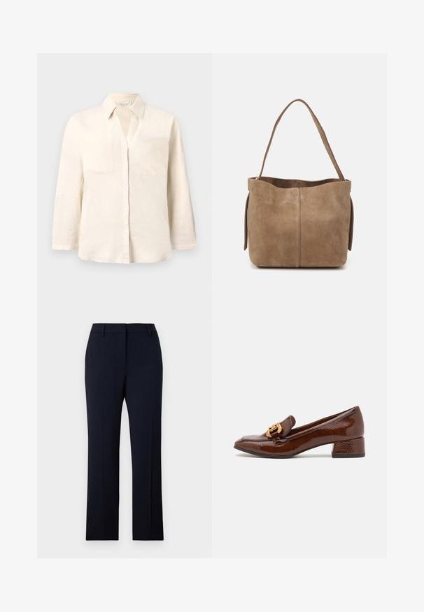 Light beige linen shirt with a collar, five button placket, and two front pockets. Features long sleeves and a relaxed fit.; Navy blue tailored trousers with a straight cut, crafted from smooth fabric. Features belt loops, front pockets, and a clean waistband design.; Brown leather loafers with a glossy finish, featuring a decorative gold buckle on the front and a low block heel. Classic design.; Brown suede tote bag with a soft texture, open top, and a single shoulder strap. Features a smooth finish and minimal detailing.