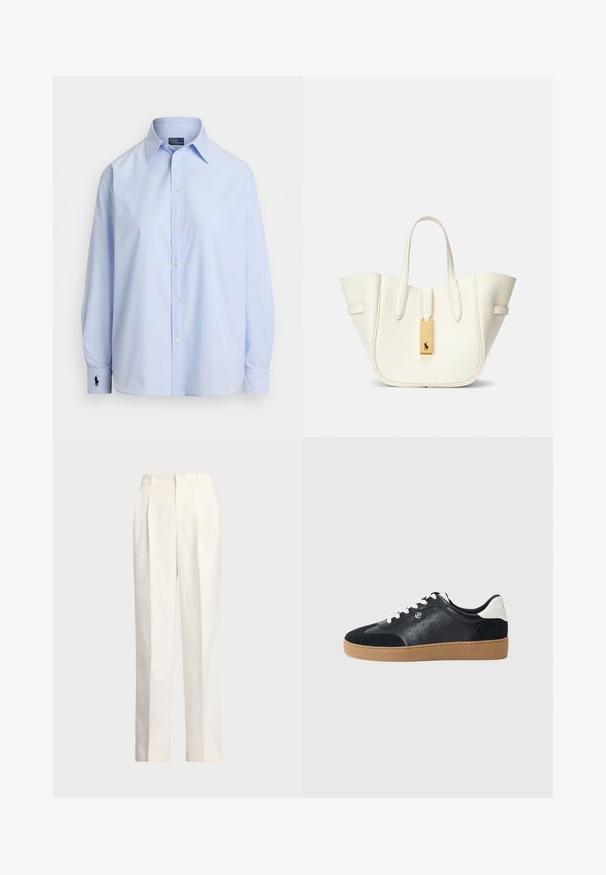 Camisa azul clara de botão, feita de algodão, com mangas longas, colarinho clássico e um pequeno logótipo bordado no punho esquerdo.; Polo Ralph Lauren HEMP WIDE LEG PANT - Calças - nevis; Sapatilhas de couro preto e camurça com sola de borracha castanha-clara. Apresenta atacadores brancos e pequenos furos nas laterais. Logótipo da Michael Kors presente.; Mala tote de couro branco com uma forma estruturada, costura proeminente, etiqueta de metal dourado e alças duplas. Superfície texturizada com bolsos laterais.