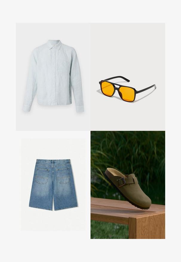 Lysblå stribet skjorte med knaplukning og lange ærmer, enkelt brystlomme og klassisk krave, lavet af et blødt tekstureret stof.; Lysblå denimshorts med en løs pasform, der har to baglommer og synlige sting. Stoffet har en blød, glat struktur.; Olivengrøn ruskind slip-on klip med en spænde, svævende over en træbænk med grøn græs og planter i baggrunden.; Sorte rektangulære solbriller med dristige orange linser. Har et unikt brodesign og slanke arme, fremstillet af letvægtsmateriale.