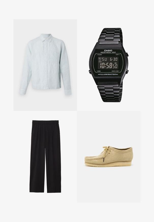 Cămașă cu dungi albastre deschise, cu nasturi, din material moale texturat, cu mâneci lungi, buzunar pe piept și guler clasic.; Pantaloni negri largi, cu un front plisat, buzunare laterale și o textură de țesătură netedă. Concepuți pentru o croială relaxată.; Shoe din suede bej cu un design cu șireturi, detalii cusute și talpă din cauciuc. Forma este casual, cu un ușor toc în wedge.; Ceas de mână digital cu brățară din oțel inoxidabil negru, cadran pătrat negru, numerale albe, rezistent la apă până la 5 baruri și funcție de iluminare.