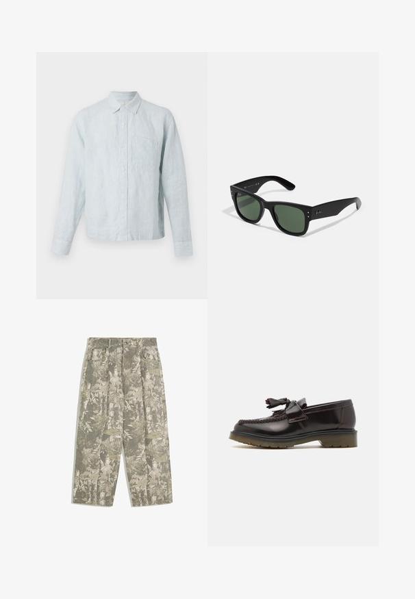 Camicia azzurro chiaro a righe, con maniche lunghe, taschino sul petto e colletto classico, realizzata in un tessuto morbido e con texture.; Pantaloni cargo con gambe larghe in un motivo mimetico verde e beige a foglie e cortecce, dotati di tasche frontali e passanti per cintura.; Mocassini in pelle marrone con design intrecciato, dettaglio con nappine e suola piatta in gomma. Caratterizzati da una finitura liscia e cuciture a contrasto.; Occhiali da sole neri rettangolari con lenti verdi, finitura opaca, dettagli hardware discreti e logo impresso sulla tempia.; Borsa a tracolla verde oliva con doppie maniglie e una tracolla regolabile. Presenta un compartimento principale con zip e una tasca frontale con zip.