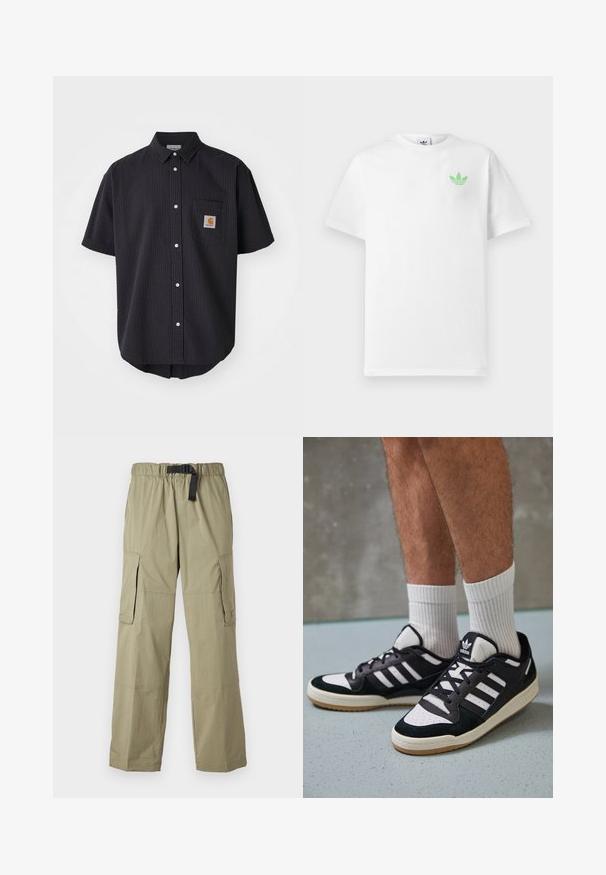 Košulja kratkih rukava s gumbima, izrađena od teksturirane tamnoplave tkanine, koja ima prednju džep na prsima s kvadratnom oznakom i bijele gumbe.; Bijela pamučna majica kratkih rukava, s malim zelenim Adidas logotipom na lijevoj strani prsnog koša. Jednostavan, klasičan dizajn s okruglim izrezom.; Svijetlosive pamučne cargo hlače s elastičnim pojasom i remenom, sadrže dva bočna džepa i imaju glatku teksturu, dizajnirane za udobnost i funkcionalnost.; Crne i bijele tenisice s gornjim dijelom od antilopa i kože, s tri bijele pruge, perforiranim prstom i gumiranim potplatom.