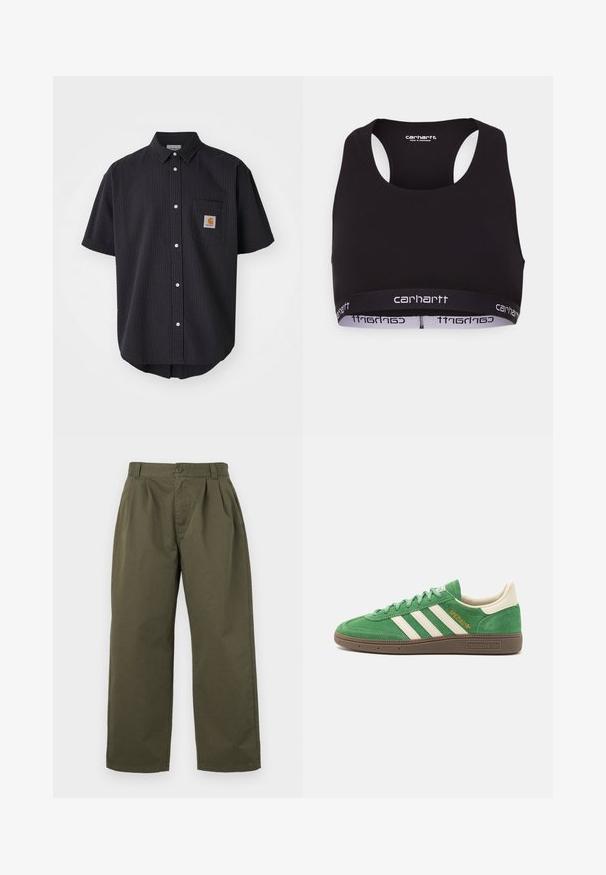 Cămașă cu mânecă scurtă, cu nasturi, dintr-un material texturat de culoare albastru închis, având o buzunar pe piept cu o etichetă logo pătrată și nasturi albi.; Sutien sport negru cu decolteu rotund și design tip racerback. Dispune de un elastic întărit cu brandul alb "carhartt". Textură moale a materialului.; Pantaloni din bumbac de culoare verde măsliniu, cu croială dreaptă, pliuri frontale și sistem de închidere cu nasture la talie. Fără buzunare vizibile.; Pantofi sport verzi din suede cu un design alb cu trei dungi, accente crem și talpă maro texturată. "SPEZIAL" brodat în aur pe lateral.