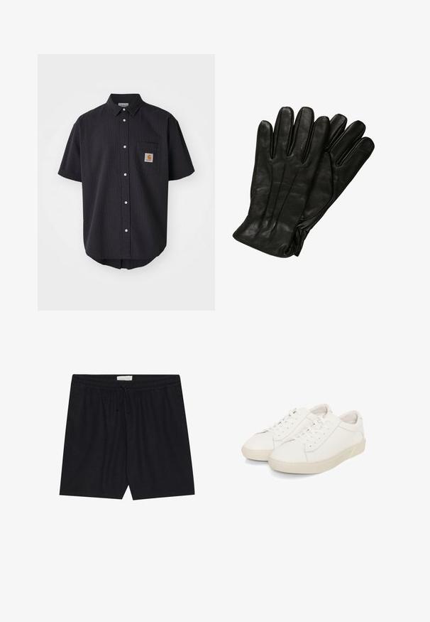 Košulja kratkih rukava s gumbima, izrađena od teksturirane tamnoplave tkanine, koja ima prednju džep na prsima s kvadratnom oznakom i bijele gumbe.; Majica kratkih rukava krem boje s blagom prugastom teksturom i okruglim izrezom, izrađena od lagane tkanine.; Crne kratke hlače s elastičnim pojasom i vezicom, s glatkom teksturom i ravnim krojem, pogodne za svakodnevno nošenje.; Bijele kožne tenisice s glatkom teksturom, zaobljenim prstima, vezanjem i lagano podignutom gumenom petom.; Crne kožne rukavice glatke teksture, s pet prstiju i suptilnim detaljima šivanja. Klasičan dizajn, pogodan za upotrebu u hladnom vremenu.